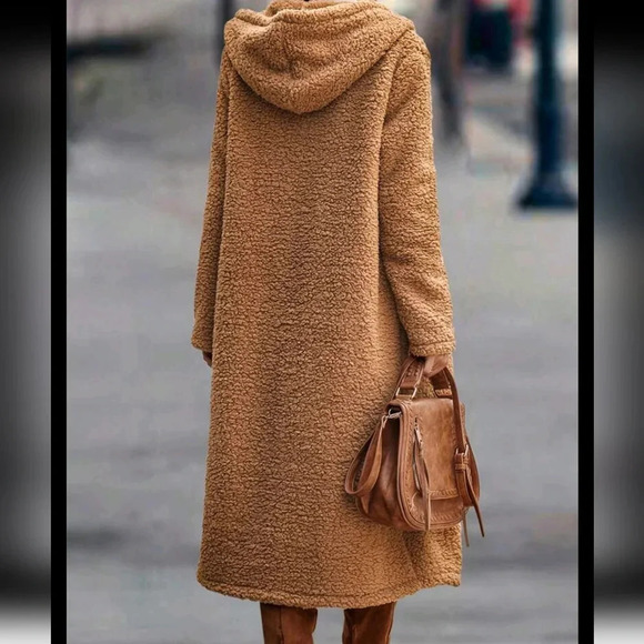 Coats Fuzzy Fleece Long Hooded Jackets Button Down Faux Fur Warm Outerwear - Picture 4 of 4